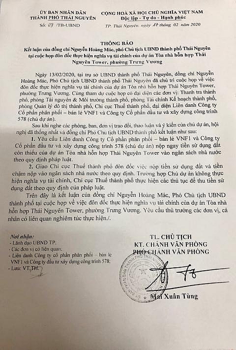 Chủ tịch tỉnh Thái Nguyên chỉ đạo làm rõ một số vấn đề tại Dự án tòa nhà hỗn hợp Thái Nguyên Tower