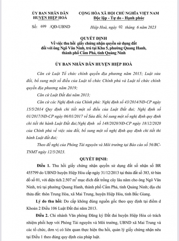 Bắc Giang: Nhiều cán bộ huyện Hiệp Hoà phải kiểm điểm do tham mưu cấp sổ đỏ sai