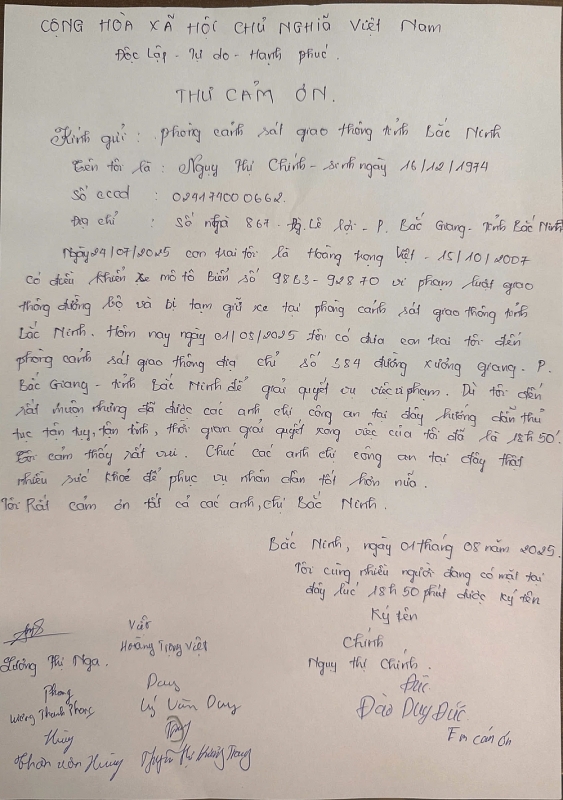 Bắc Ninh: Người dân viết thư cảm ơn CSGT vì sự nhiệt tình và chu đáo