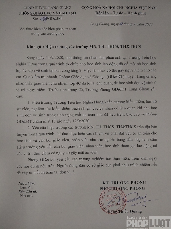 Bắc Giang: Yêu cầu kiểm điểm giáo viên để học sinh tiểu học lao động mất an toàn