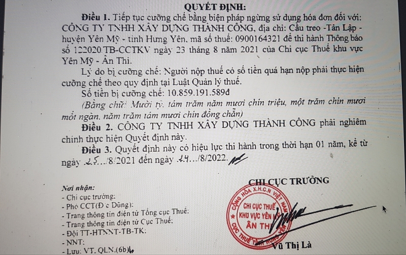 Ngành thuế cấm 2 doanh nghiệp ở Hưng Yên sử dụng hóa đơn vì nợ tiền thuế gần 20 tỷ đồng