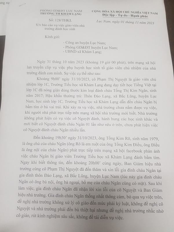 Bắc Giang: Đình chỉ tạm thời cô giáo bị phản ánh đánh học sinh ở Lục Nam