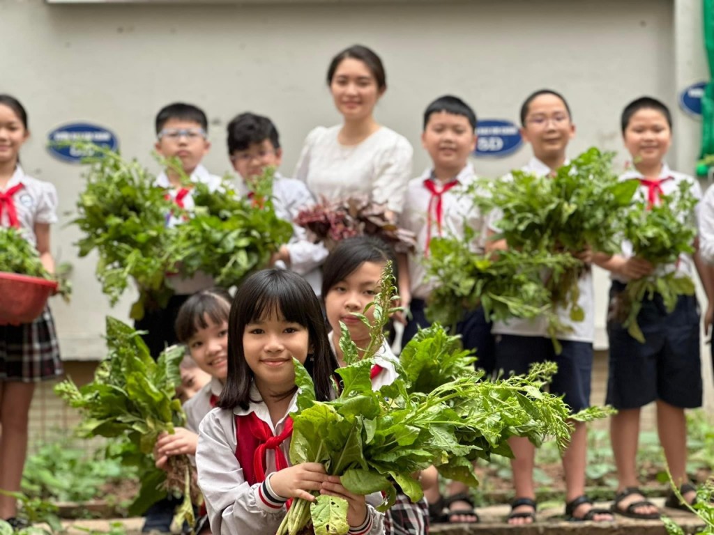 Cô và trò trường Tiểu học Chu Văn An cùng nhau chăm sóc và thu hoạch “Vườn rau em chăm”