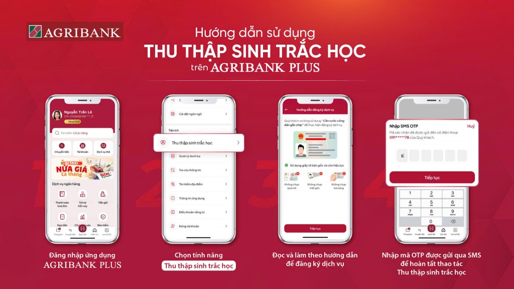 Ảnh các bước hướng dẫn sử dụng thu thập sinh trắc học trên Agribank Plus