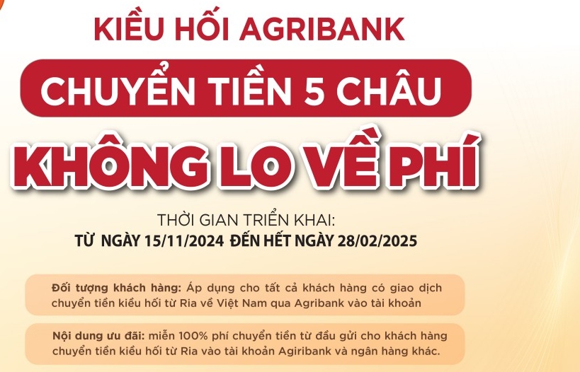 Chuyển tiền kiều hối Ria về Việt Nam tại Agribank phí 0 đồng