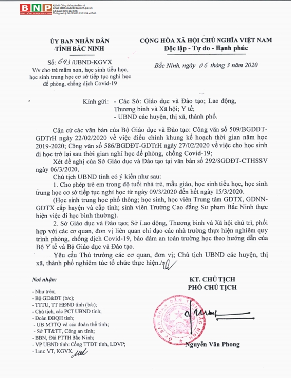 hoc sinh bac ninh tiep tuc nghi hoc den het ngay 153 de phong chong dich