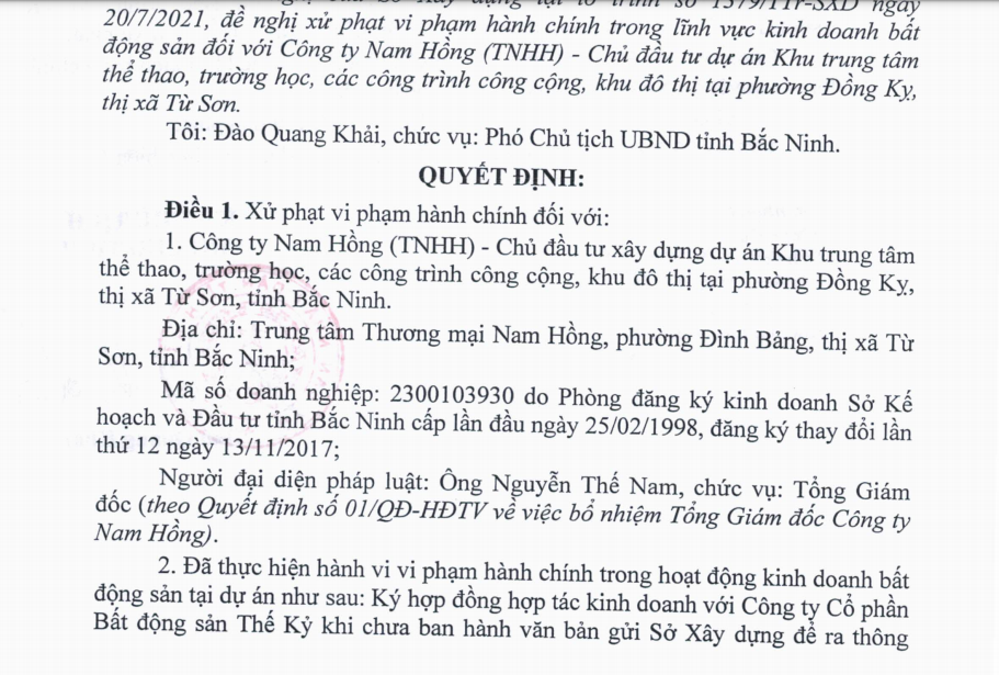 Bắc Ninh: Công ty Nam Hồng bị xử lý vì vi phạm trong kinh doanh bất động sản