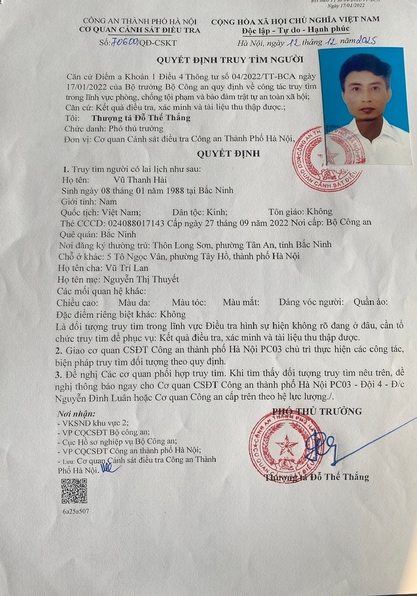 Công an Hà Nội truy tìm người đại diện Công ty TNHH hợp tác quốc tế HPT