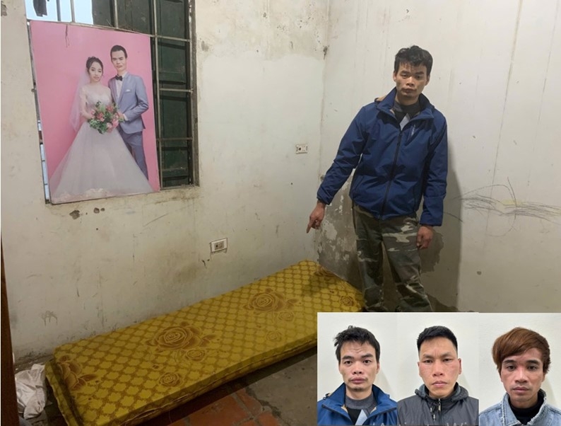 Hiện trường vụ án và các đối tượng Vinh, Tình, Mạnh (từ trái qua phải)