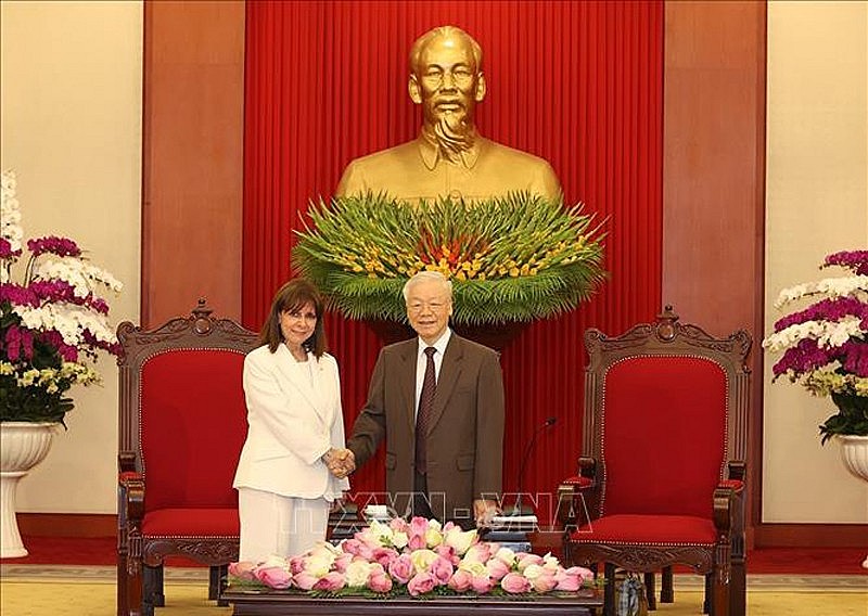 Tổng Bí thư Nguyễn Phú Trọng tiếp Tổng thống Hy Lạp Katerina Sakellaropoulou thăm chính thức Việt Nam. Ảnh: Trí Dũng/TTXVN