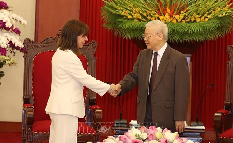 Tổng Bí thư Nguyễn Phú Trọng tiếp Tổng thống Hy Lạp Katerina Sakellaropoulou thăm chính thức Việt Nam. Ảnh: Trí Dũng/TTXVN