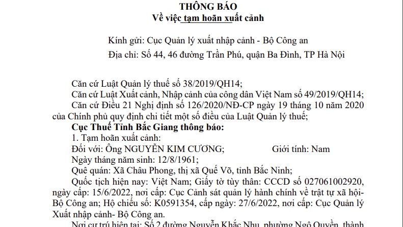 Tạm hoãn xuất cảnh Giám đốc Công ty TNHH Bắc Hà