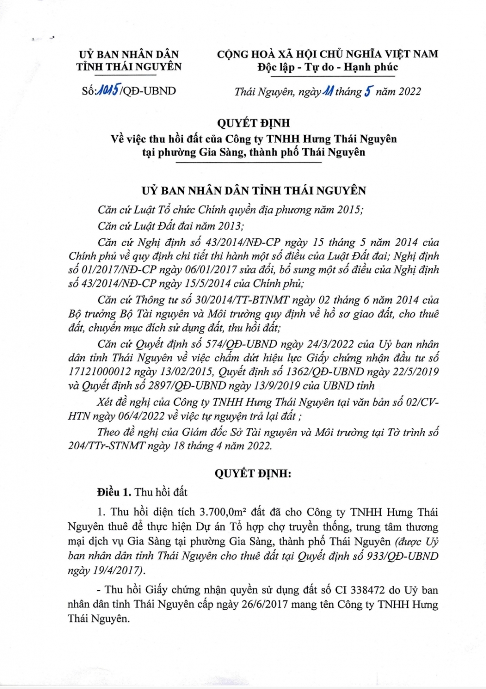 Thái Nguyên: Chấm dứt Dự án trung tâm thương mại của Công ty Hưng Thái Nguyên