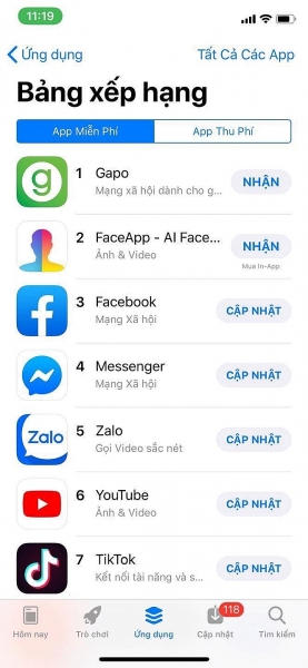 mang xa hoi gapo dung top 1 appstore sau 1 ngay ra mat