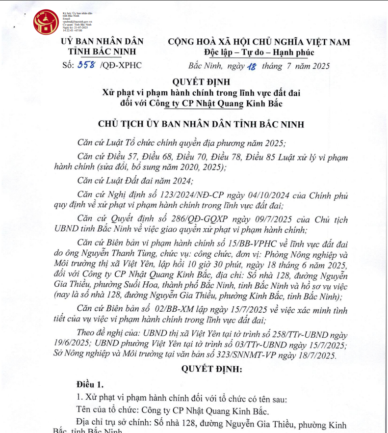Bắc Ninh: Công ty CP Nhật Quang Kinh Bắc bị phạt 500 triệu đồng do lấn chiếm đất công