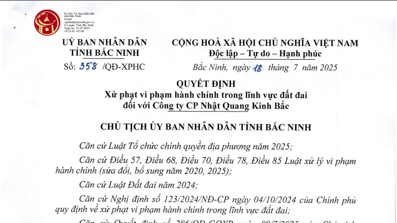 bac ninh cong ty cp nhat quang kinh bac bi phat 500 trieu dong do lan chiem dat cong