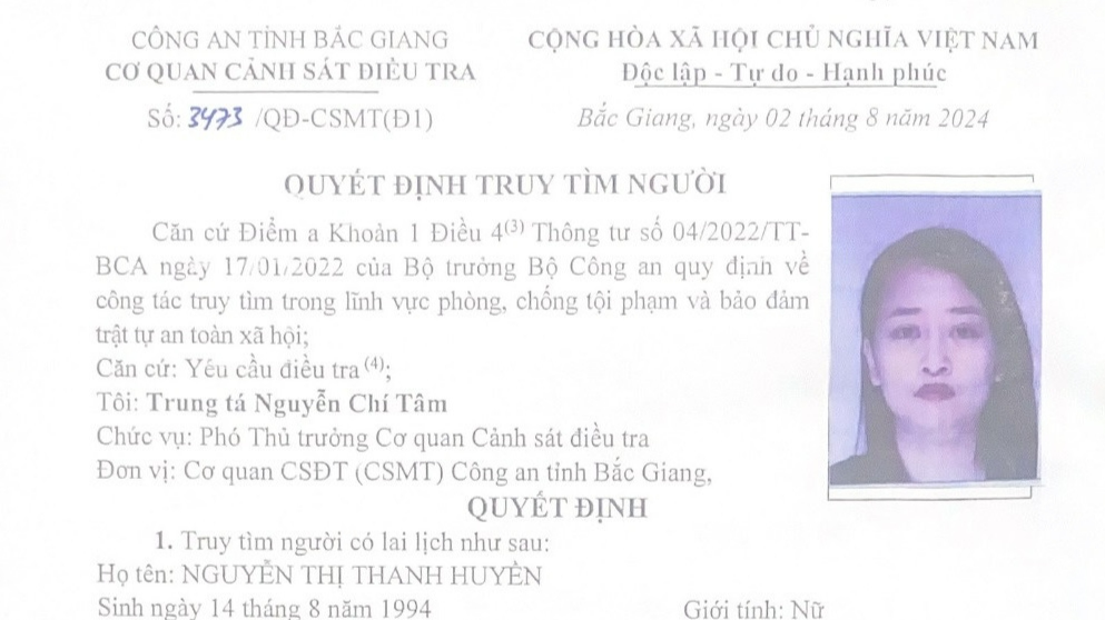 Bắc Giang: Truy tìm đối tượng Nguyễn Thị Thanh Huyền