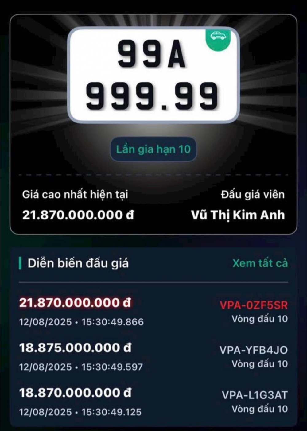 Biển số 'ngũ quý 9' 99A-999.99 trúng đấu giá gần 22 tỷ đồng