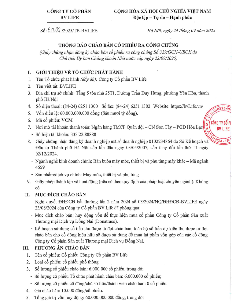BV Life công bố thông tin chào bán cổ phiếu ra công chúng