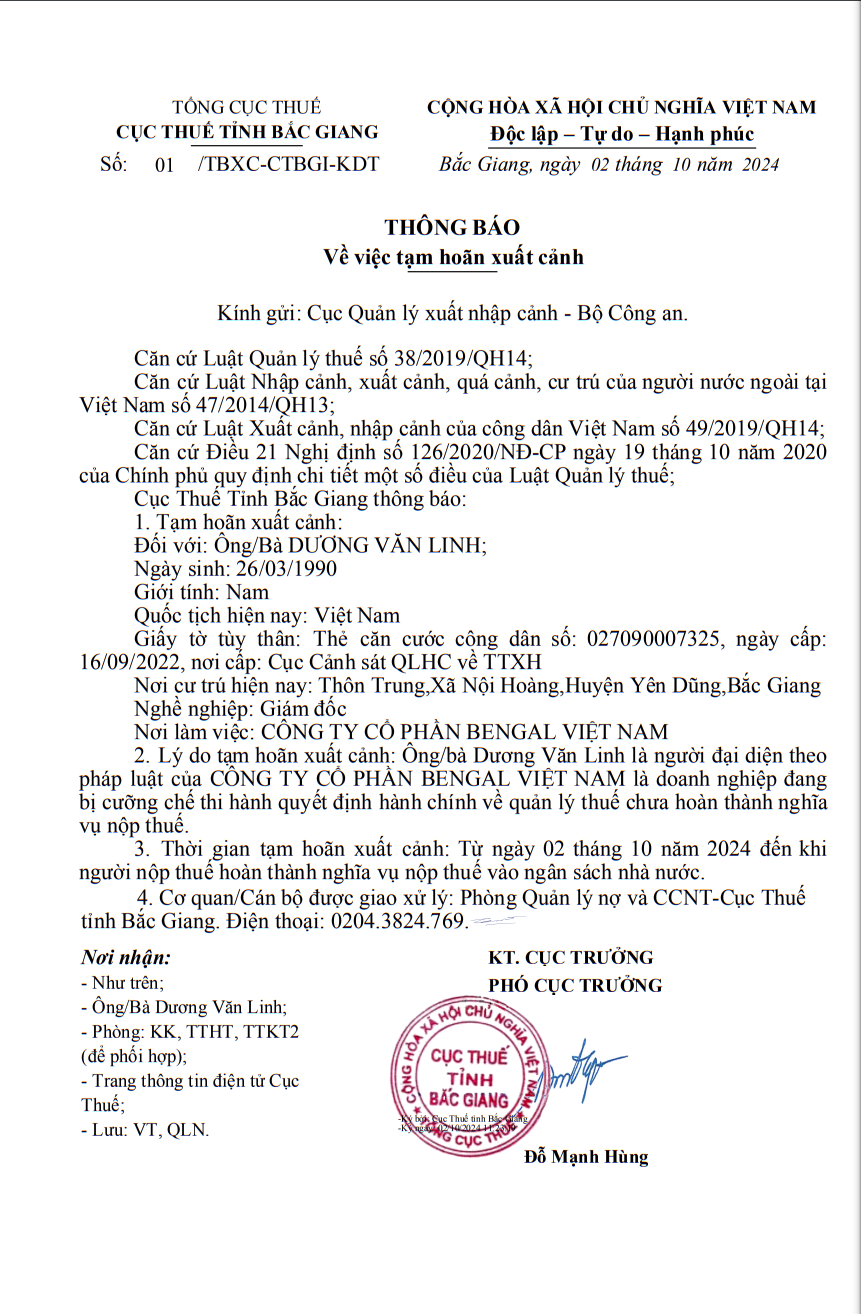 Tạm hoãn xuất cảnh Giám đốc Công ty Cổ phần Bengal Việt Nam