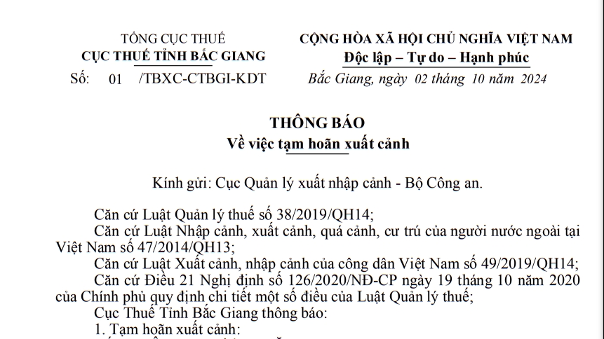 Tạm hoãn xuất cảnh Giám đốc Công ty Cổ phần Bengal Việt Nam