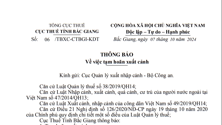 Tạm hoãn xuất cảnh Giám đốc Công ty TNHH Đầu tư thiết kế xây dựng A - T - H