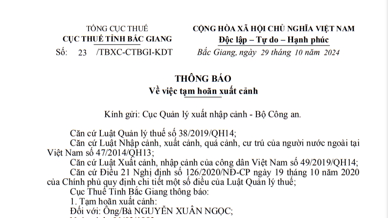 Tạm hoãn xuất cảnh Giám đốc Công ty TNHH Nhân Trung