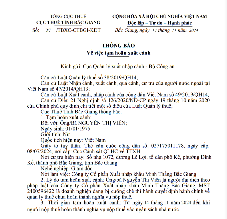 Tạm hoãn xuất cảnh Giám đốc Công ty Cổ phần Xuất nhập khẩu Minh Thắng Bắc Giang