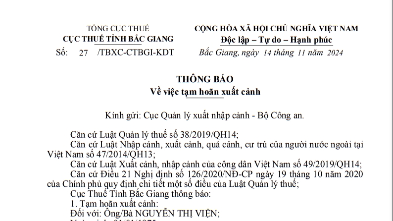 Tạm hoãn xuất cảnh Giám đốc Công ty Cổ phần Xuất nhập khẩu Minh Thắng Bắc Giang