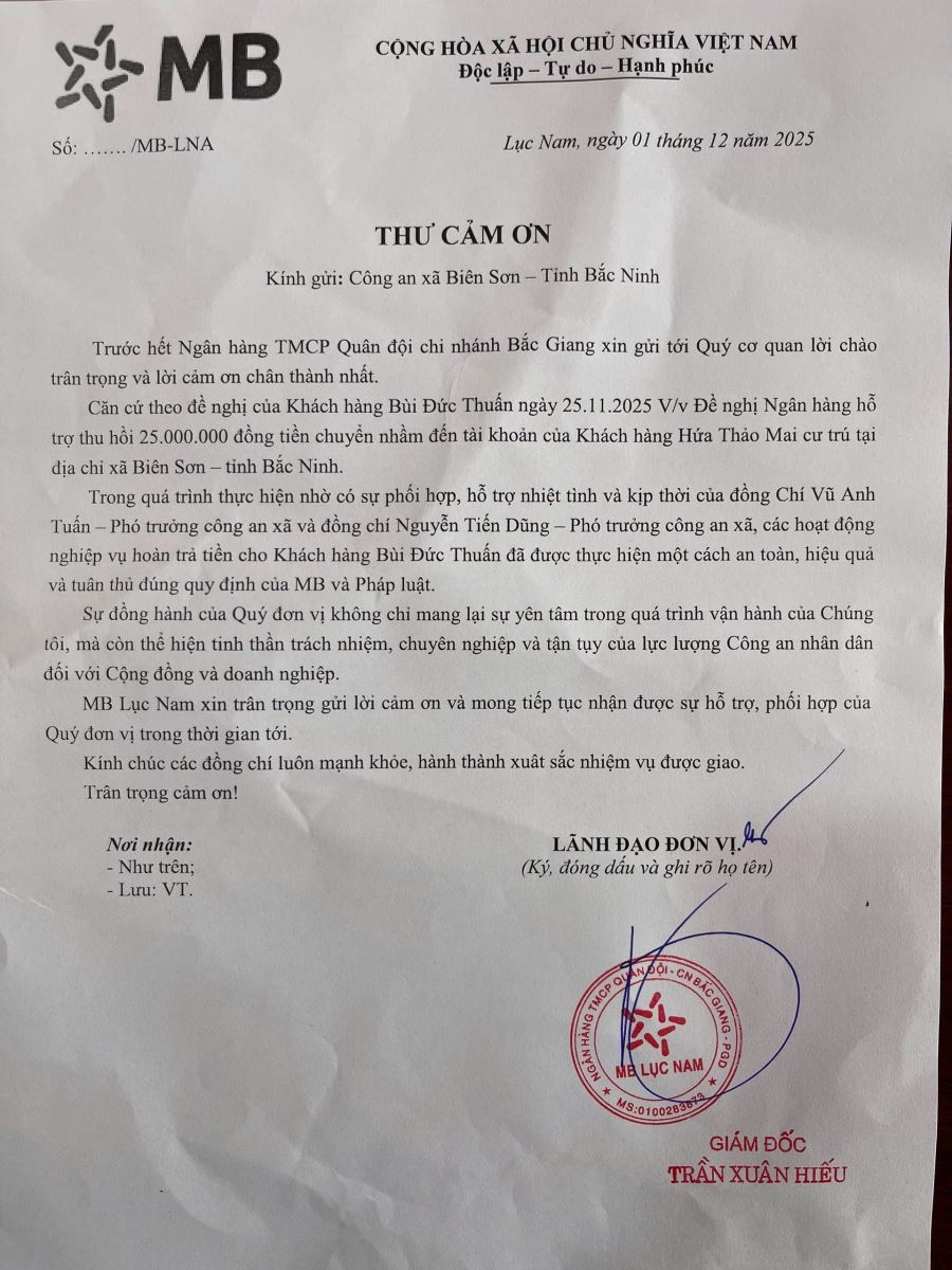 Bắc Ninh: Kịp thời hỗ trợ công dân nhận lại 25 triệu đồng chuyển nhầm Bắc Ninh: Kịp thời hỗ trợ công dân nhận lại 25 triệu đồng chuyển nhầm