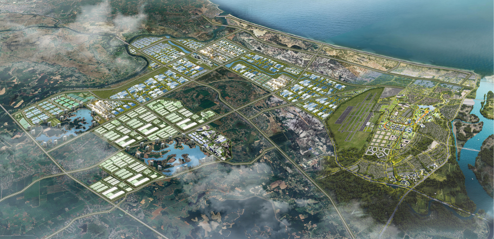 Phối cảnh Tổ hợp công nghiệp hàng không, logistics, dịch vụ, thương mại và đô thị sân bay tại Quảng Trị. Khát vọng bầu trời và tầm nhìn của Bầu Hiển