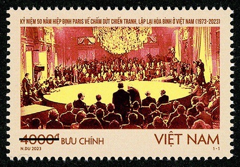 ình ảnh tem “Kỷ niệm 50 năm Hiệp định Paris về chấm dứt chiến tranh, lập lại hòa bình ở Việt Nam (1973-2023)