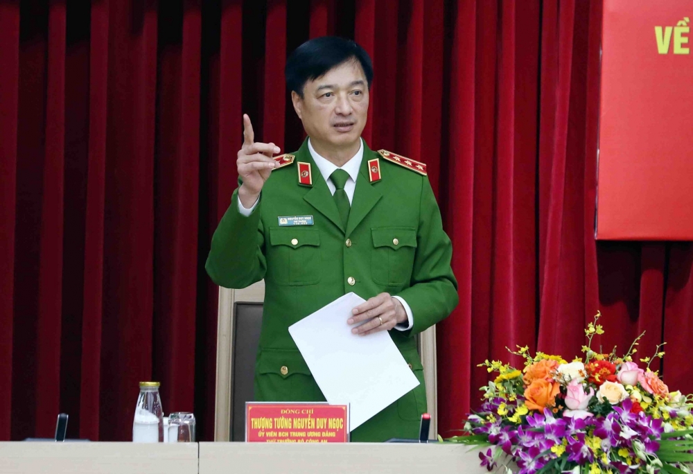 Thượng tướng Nguyễn Duy Ngọc, Uỷ viên Trung ương Đảng, Thứ trưởng Bộ Công an phát biểu tại hội nghị