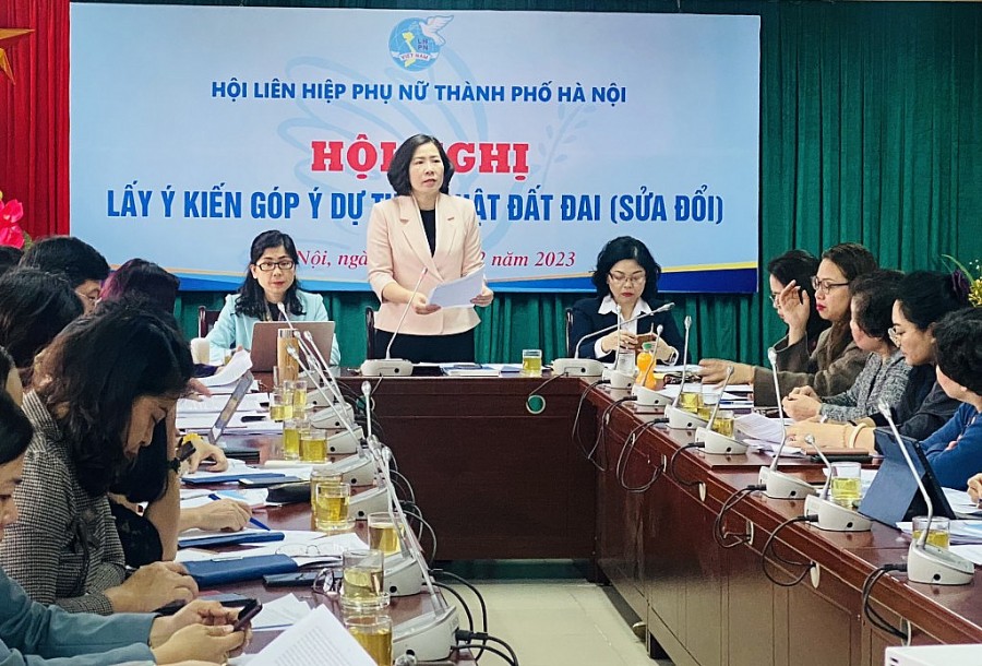 Chủ tịch Hội Liên hiệp phụ nữ thành phố Hà Nội Lê Kim Anh phát biểu tại hội nghị