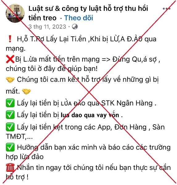 Các trang giả mạo luật sư hỗ trợ thu hồi tiền bị lừa