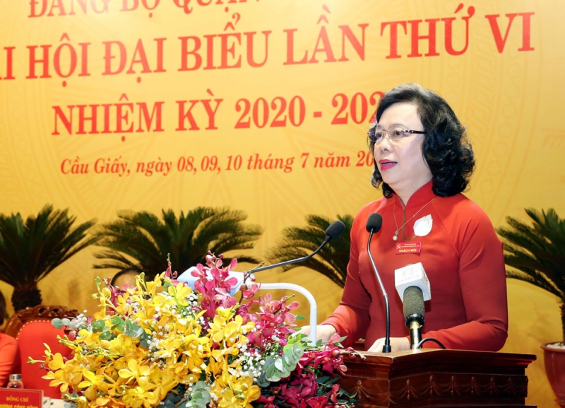 Phó Bí thư Thường trực Thành ủy Hà Nội Ngô Thị Thanh Hằng phát biểu tại Đại hội Đảng bộ quận Cầu Giấy lần thứ VI nhiệm kỳ 2020 - 2025