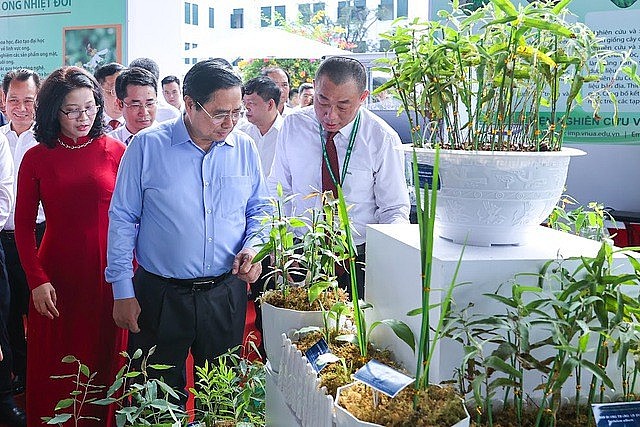 Thủ tướng thăm các gian hàng trưng bày sản phẩm nông nghiệp - Ảnh: VGP/Nhật Bắc