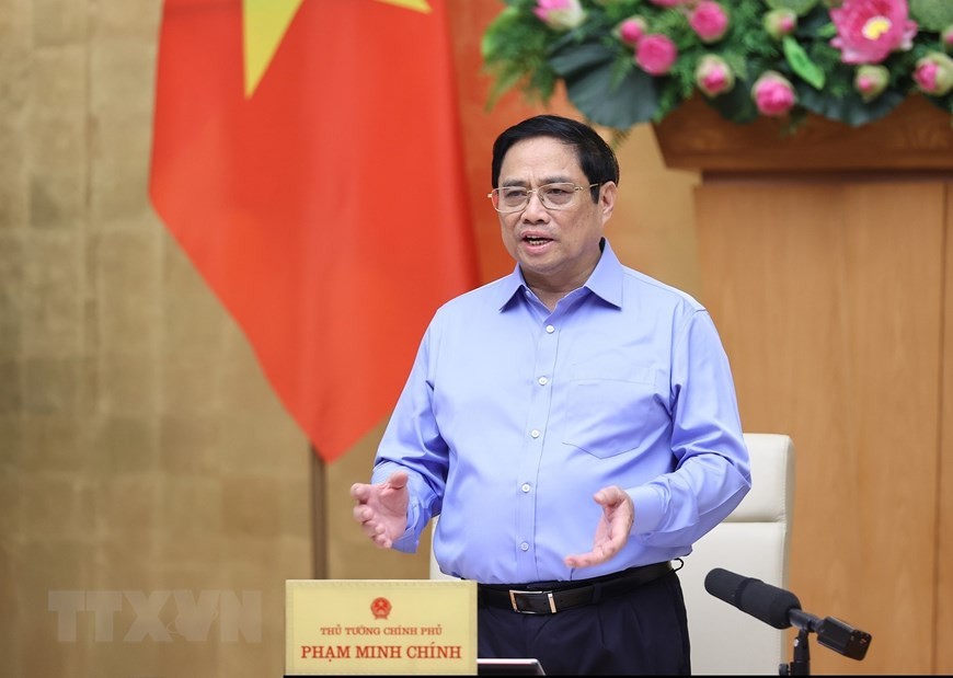 Thủ tướng Phạm Minh Chính chủ trì phiên họp Chính phủ chuyên đề về xây dựng pháp luật tháng 8/2022. (Ảnh: Dương Giang/TTXVN)