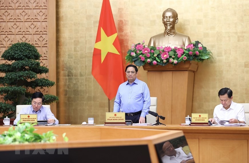 Thủ tướng Phạm Minh Chính chủ trì phiên họp Chính phủ chuyên đề về xây dựng pháp luật tháng 8/2022. (Ảnh: Dương Giang/TTXVN)