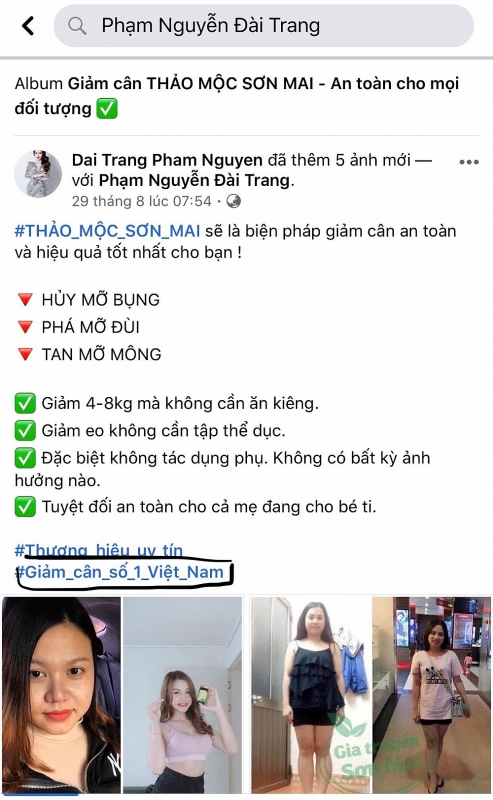 Những lời quảng cáo có cánh trên facebook GĐKD Phạm Nguyễn Đài Trang – Hoa khôi ĐH Vinh “Thảo mộc Sơn Mai – Giảm cân số 1 Việt Nam”