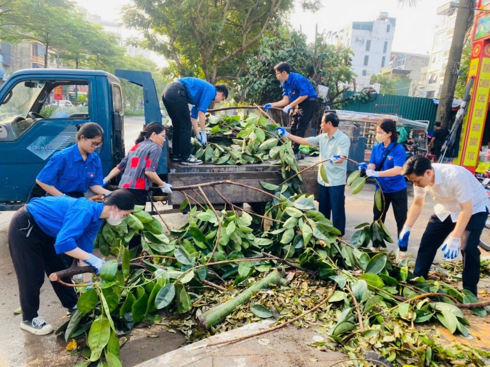 Lãnh đạo quận, lãnh đạo phường, đoàn thể phường Quan Hoa khẩn trương di chuyển cây gãy đổ