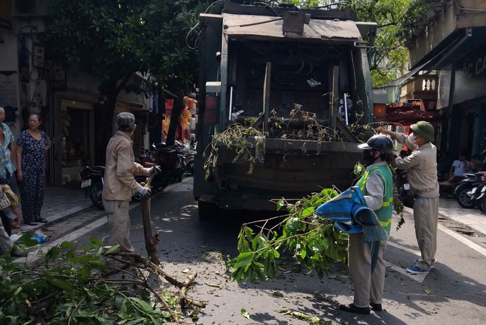 huy động nhiều phương tiện tham gia dọn dẹp rác thải là cành cây, thân cây gẫy đổ do bão số 3.