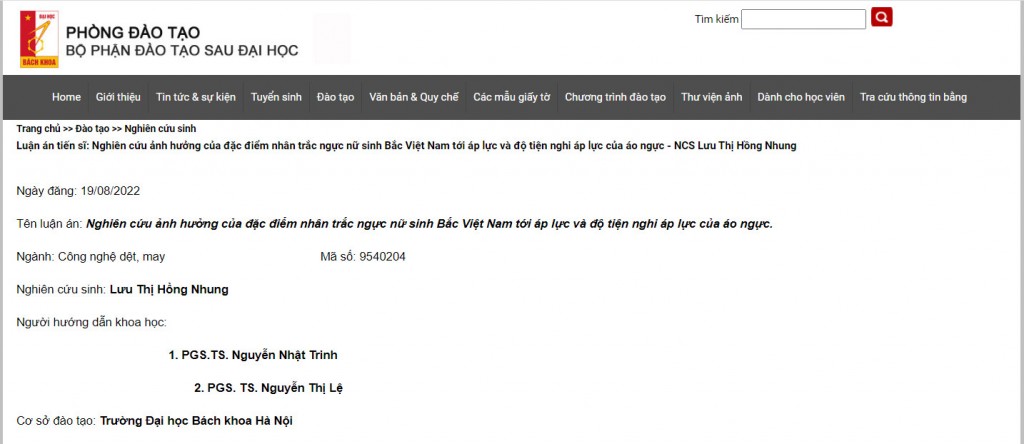 : Thông tin về luận án được đăng tải trên website chính thức của Bộ phận Đào tạo sau đại học, Phòng Đào tạo, Trường ĐH Bách khoa Hà Nội