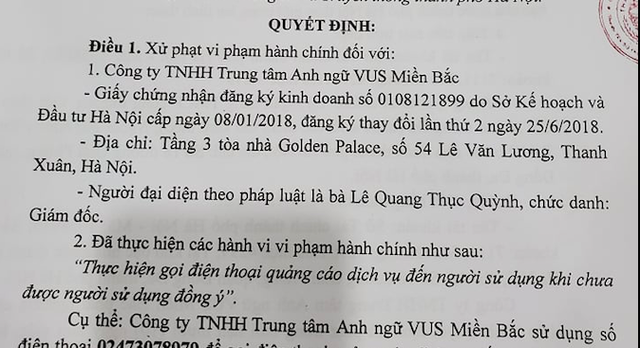 Hà Nội: Trung tâm anh ngữ bị phạt nặng vì gọi điện quảng cáo - 1