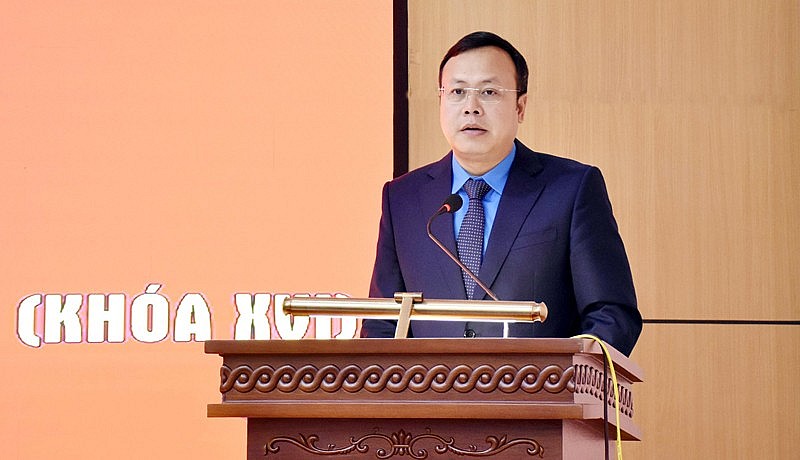 Tân Chủ tịch LĐLĐ TP Hà Nội Phạm Quang Thanh phát biểu tại Hội nghị