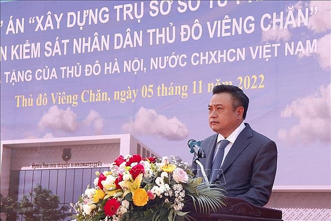 Đồng chí Trần Sỹ Thanh, Chủ tịch UBND thành phố Hà Nội phát biểu tại lễ khởi công Dự án. Ảnh: Phạm Kiên/TTXVN