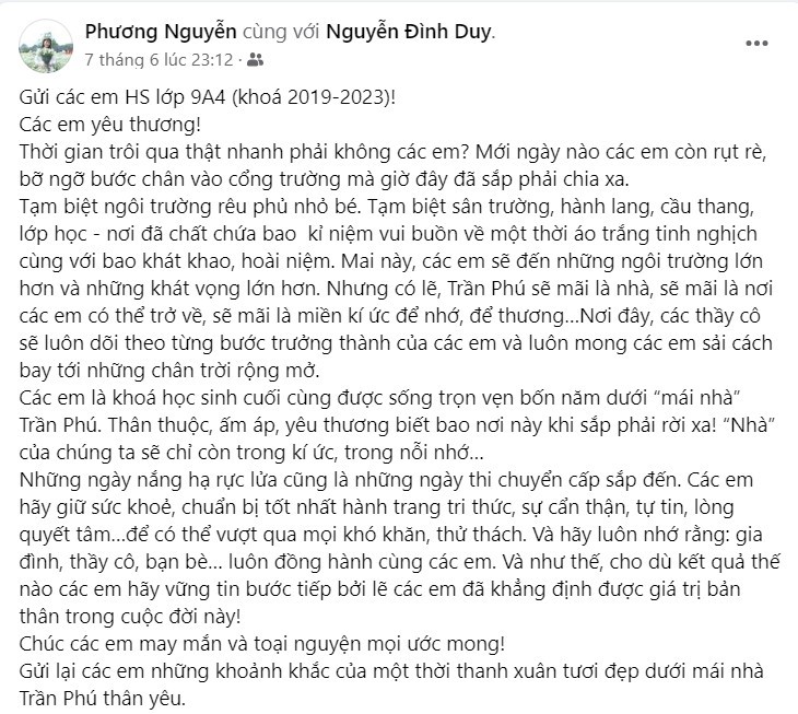 Cô giáo Nguyễn Phương chia sẻ trên trang cá nhân