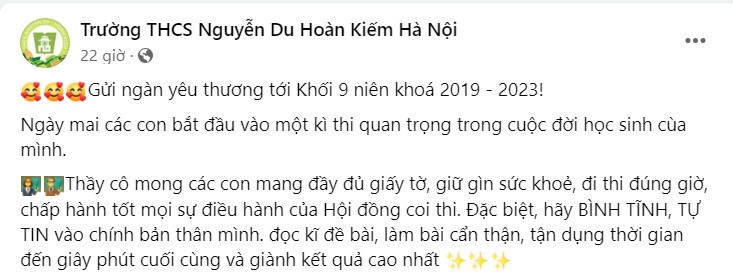Lời động viên được đăng tải trên fanpgae Trường THCS Nguyễn Du