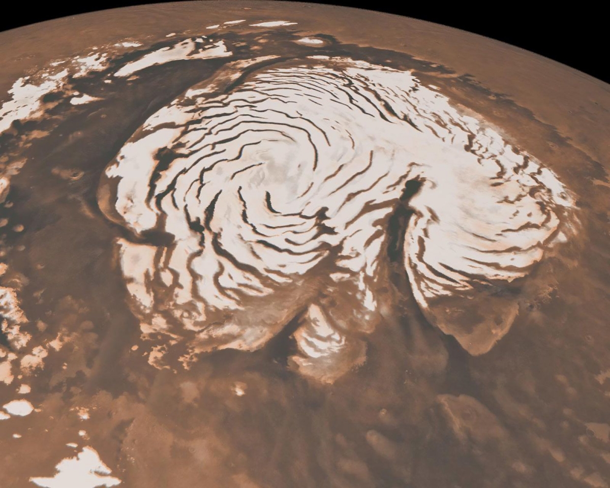 Tàu thăm dò Mars Global Surveyor của NASA ghi lại hình ảnh từ quỹ đạo của khu vực cực bắc trên sao Hỏa.