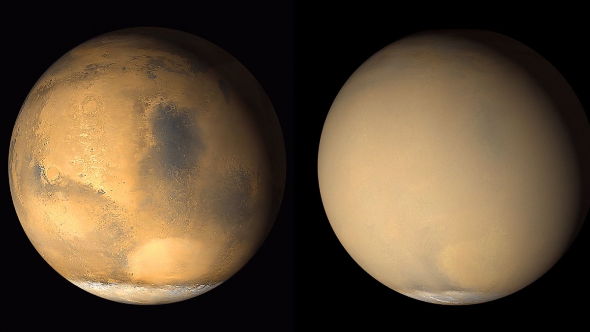 Sao Hỏa được biết tới là nơi có những trận bão cát vây quanh hành tinh. Những hình ảnh được chụp năm 2001 này từ tàu thăm dò Mars Global Surveyor của NASA cho thấy sự thay đổi mạnh mẽ của sao Hỏa khi lớp bụi do hoạt động của bão cát ở phía nam dần bao trùm khắp hành tinh.
